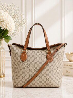 Authentic Gucci GG Supreme Canvas Leather Tote Crossbody Bag